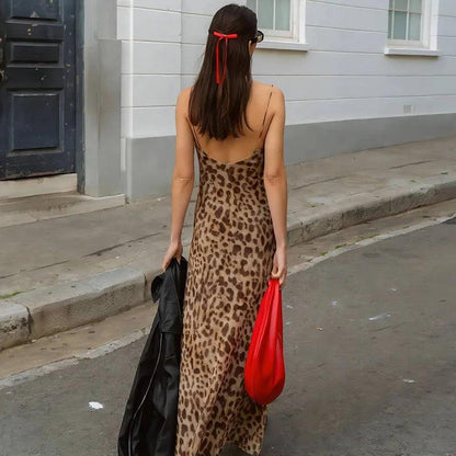 Vintage Leopard Print Spaghetti Strap Dress | Chic Backless Party Dress - Dhavinci