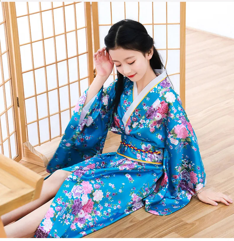 Classic Traditional Girls Kimono Gown Yukata with Obitage Japanese Bathrobe Print Flower Satin Cosplay Performance Clothing - Dhavinci