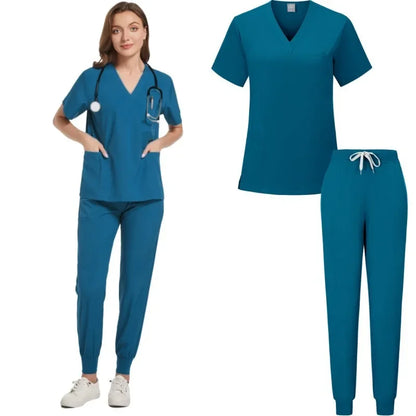 Nurse Uniforms Woman Short Sleeve V Neck Top Scrubs Jogger Pants Medical Scrubs Set Women Summer Casual Uniformes Clinicos Mujer - Dhavinci