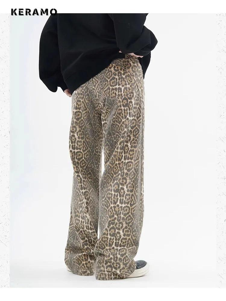 Vintage Leopard Print Jeans for Women | High Waist Wide Leg Denim Trousers - Dhavinci