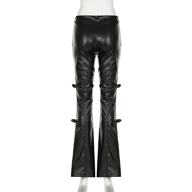 Faux Leather Flare Pants | Women’s Goth Buckle Lace Streetwear - Dhavinci