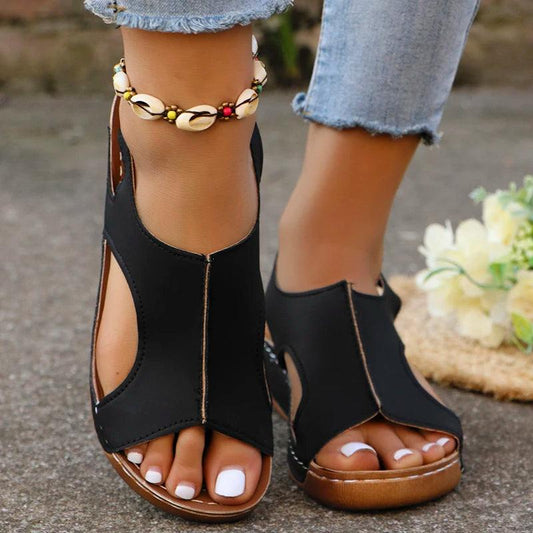 Women's Med Heel Platform Sandals - Peep Toe Leather Wedge Clogs - Dhavinci