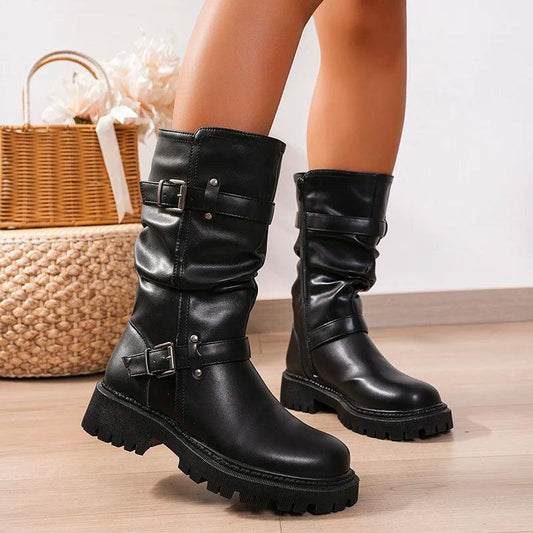 Pleated Leather Mid-Calf Boots for Women | Autumn Winter Motorcycle Boots - Dhavinci