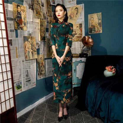 Old Shanghai Green Slim Cheongsam Spring Summer 2024 New Vintage Chinese Style Temperament Young Girl Short Sleeve Qipao Dress - Dhavinci