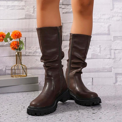 Fashion Pleated Platform Motorcycle Boots for Women | Non-Slip Knee-High - Dhavinci