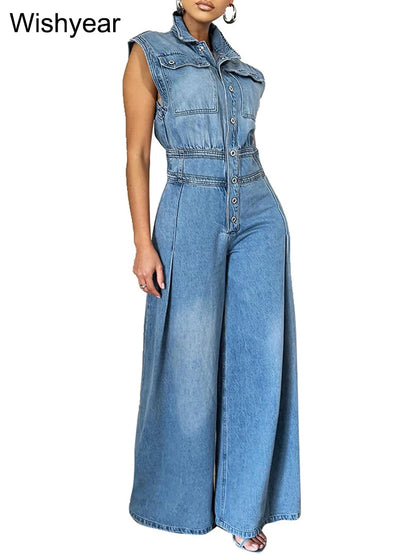 Vintage Loose Denim Wide Leg Pants Jumpsuit Women Pocket Sleeveless Single Breasted Baggy Jean One Piece Rompers Street Overalls - Dhavinci