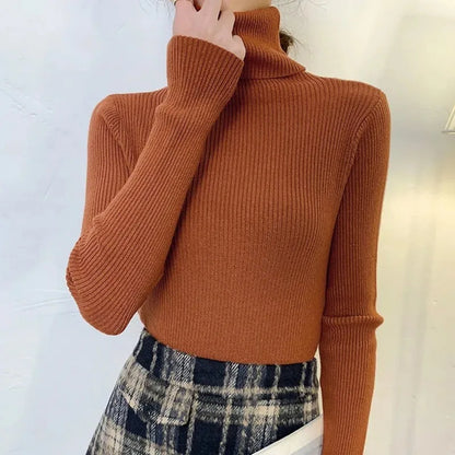 Women Long Sleeved Turtleneck Sweater Harajuku Pullover Women Knit Sweater Slim Elastic Korean Simple Basic Jumper Solid Tops - Dhavinci