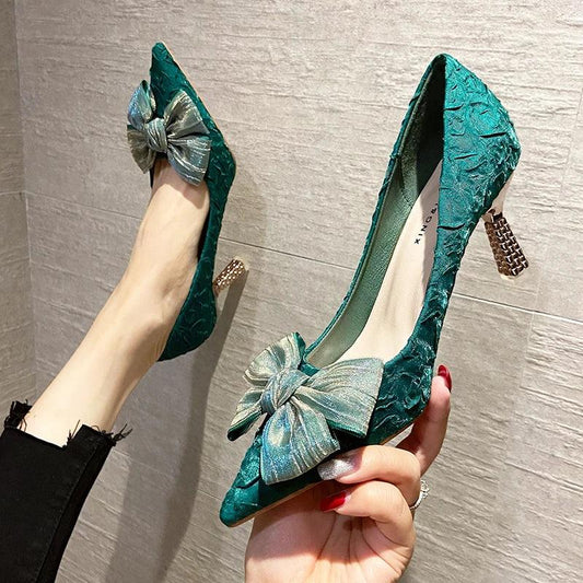 Green Silk Bowtie High Heels for Women - Sexy Pointed Toe Pumps - Dhavinci