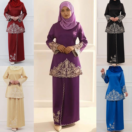 Muslim Long Sleeve Top & Skirt Set | Embroidered Baju Kurung Outfit - Dhavinci