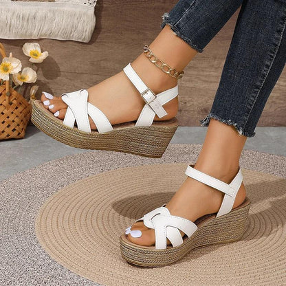 Fashion Weave Wedge Heel Sandals for Women | Leather Chunky Platform Shoes - Dhavinci