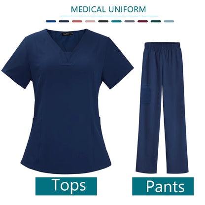 Nurse Medical Uniform High Quality Pet Grooming Care Workwear Set Scrubs Operating Room Surgical Gown Short Sleeve Elastic Pants - Dhavinci