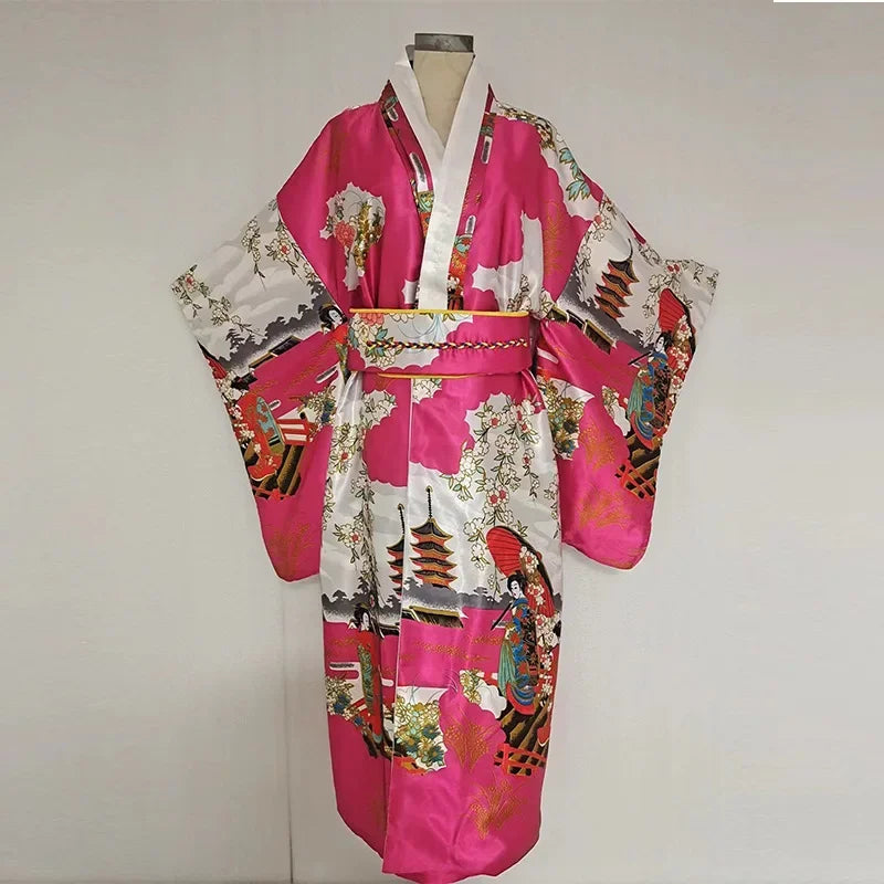 Japanese Traditional Kimono with Obi Yukata Print Flower Pajamas Women Silk Oversized Bathrobe Dress Vintage Stage Show Costume - Dhavinci