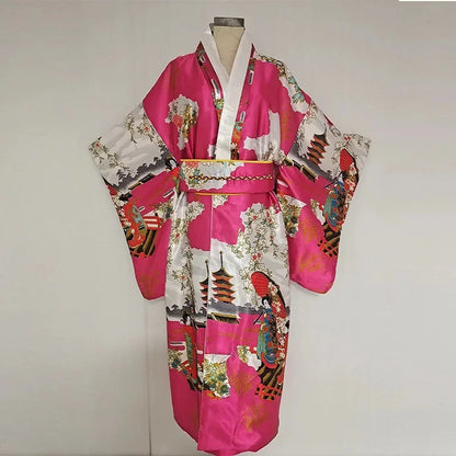 Japanese Traditional Kimono with Obi Yukata Print Flower Pajamas Women Silk Oversized Bathrobe Dress Vintage Stage Show Costume - Dhavinci