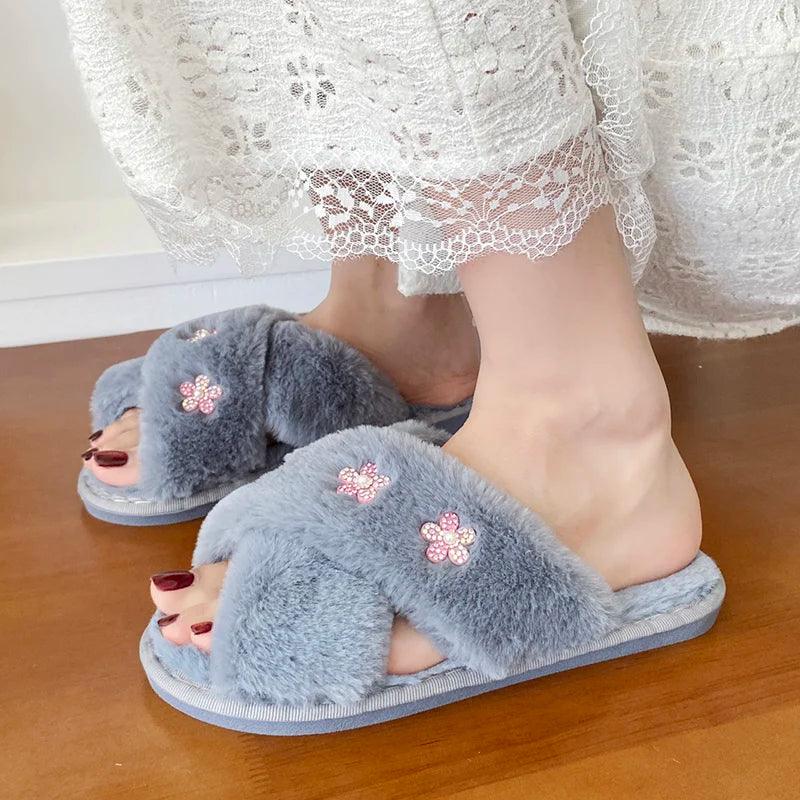 Fashion Flower Fluffy Slippers for Women | Peep Toe Faux Fur Slides - Dhavinci