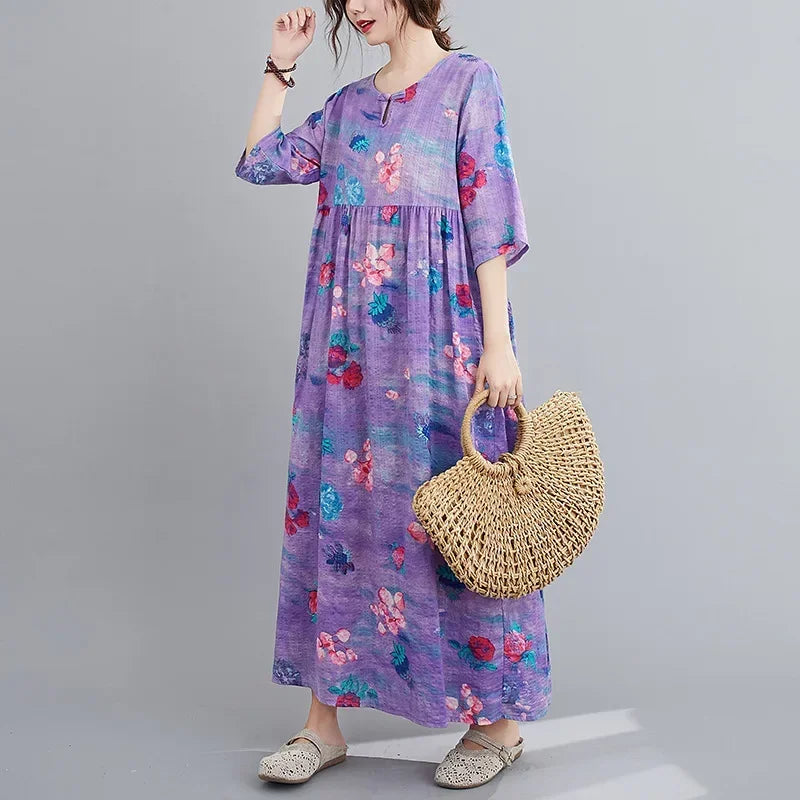 Elegant Comfortable Loose Streetwear Women Clothing Summer Dress for Women Fashion Casual Vintage Ethnic Style Clothes Print - Dhavinci