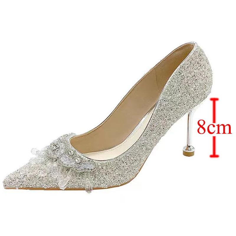 Luxury Crystal Tassels Bride Shoes - Pointed Toe Thin Heels Pumps - Dhavinci