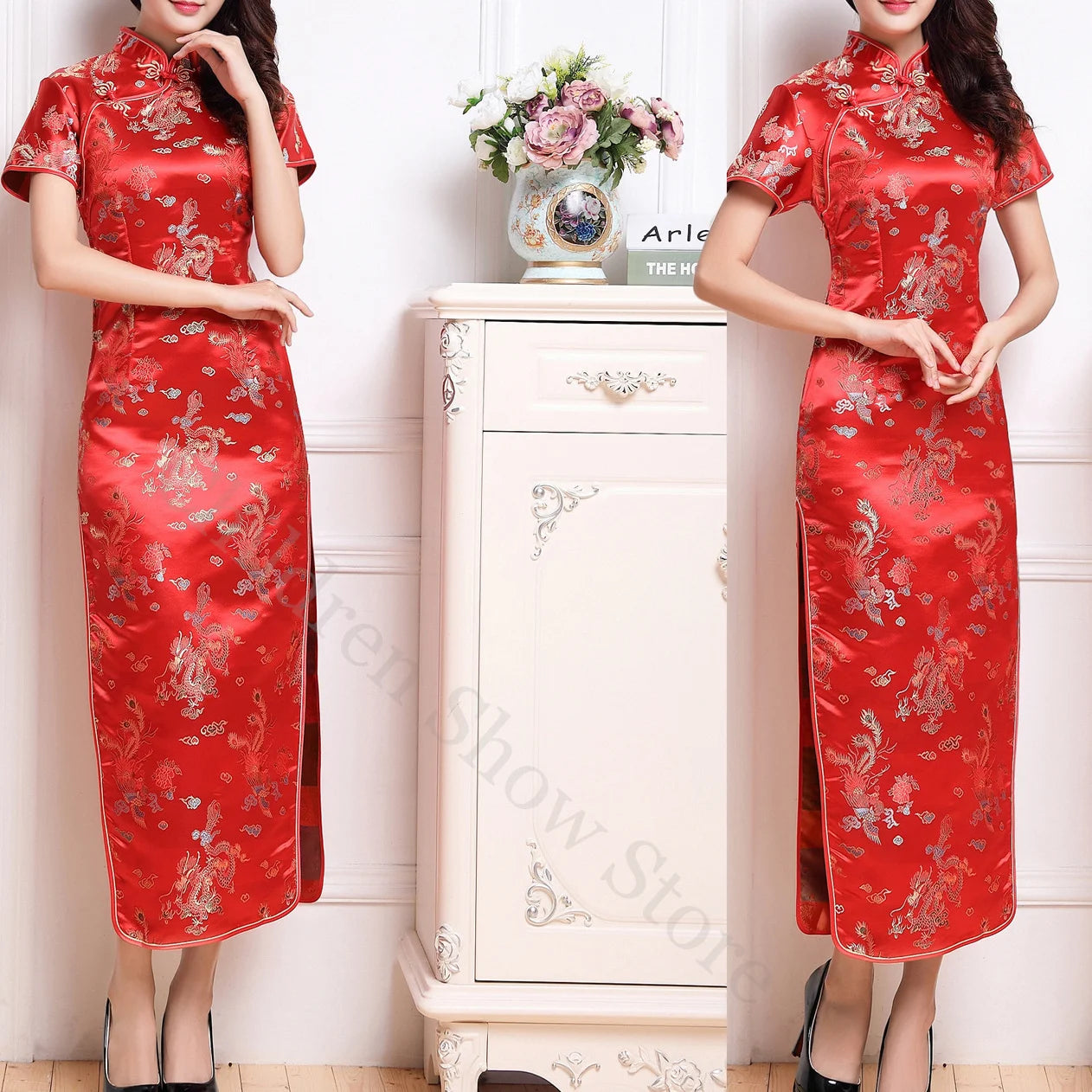 Chinese Style Dress Red Dragon Phoenix Qipao Women Elegant Cheongsams Short Sleeve Satin Vestidos Lady Summer Dresses Oversize - Dhavinci