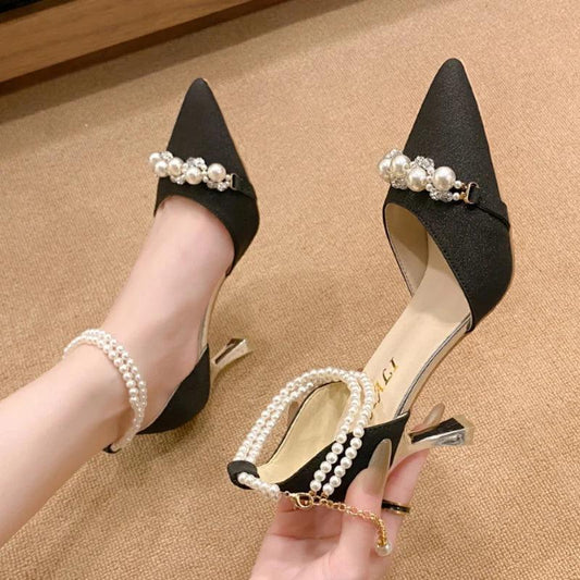 Elegant Pearl High Heels for Women - Crystal Ankle Strap Pumps - Dhavinci