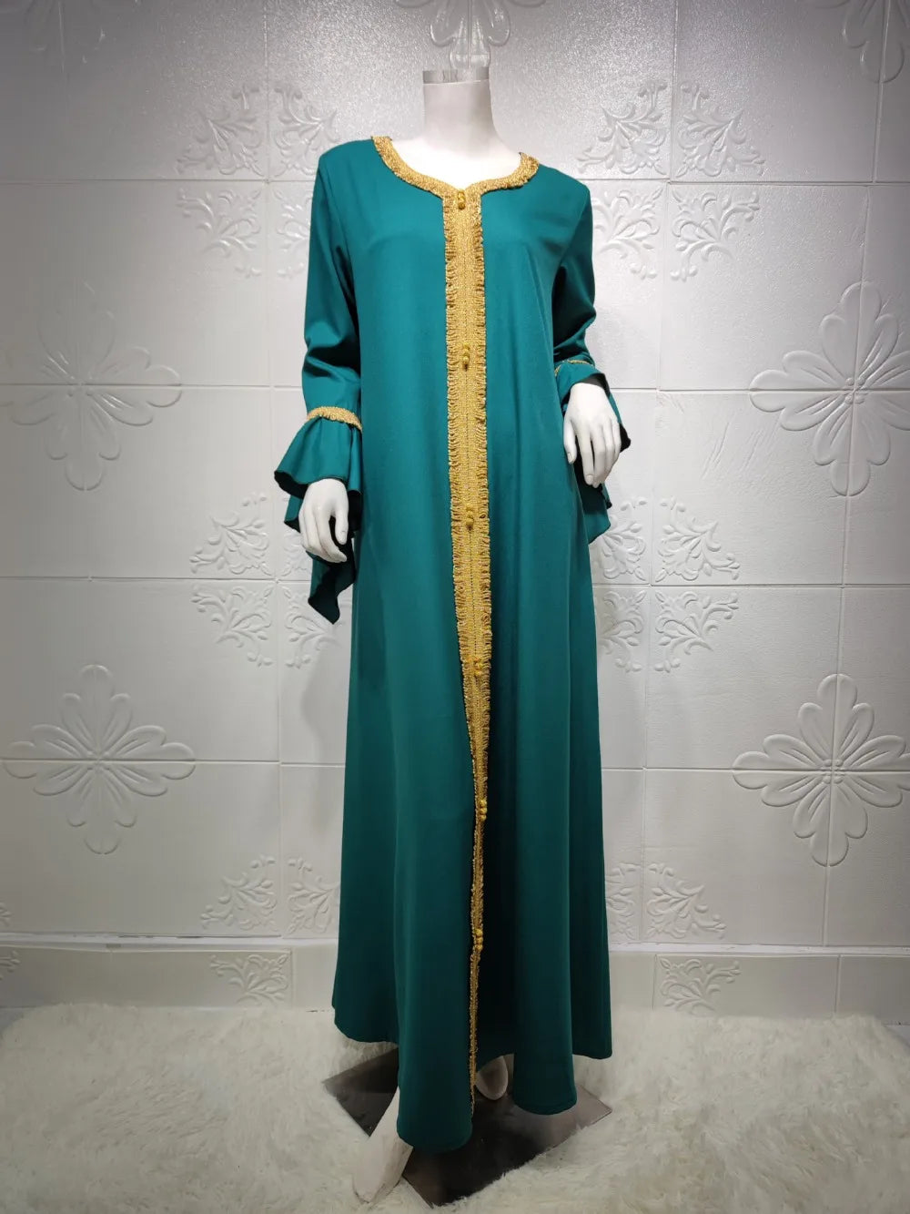 Modest Autumn Muslim Dress | Embroidered Abaya with Ruffles Sleeve - Dhavinci