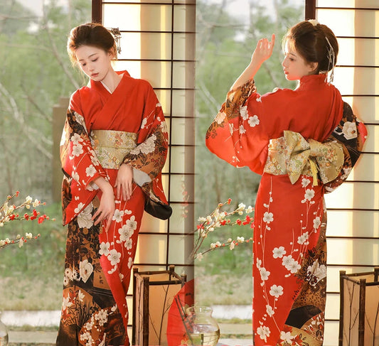 Elegant Red Kimono for Women | Traditional Yukata & Haori Style - Dhavinci