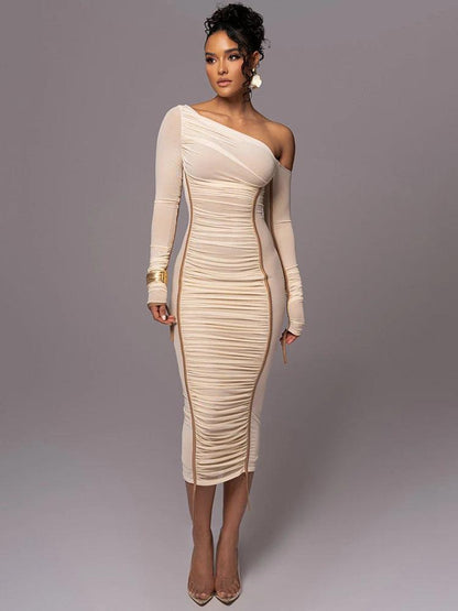 Diagonal Collar Long Sleeve Midi Dress | Backless Ruched Bodycon Party Dress - Dhavinci