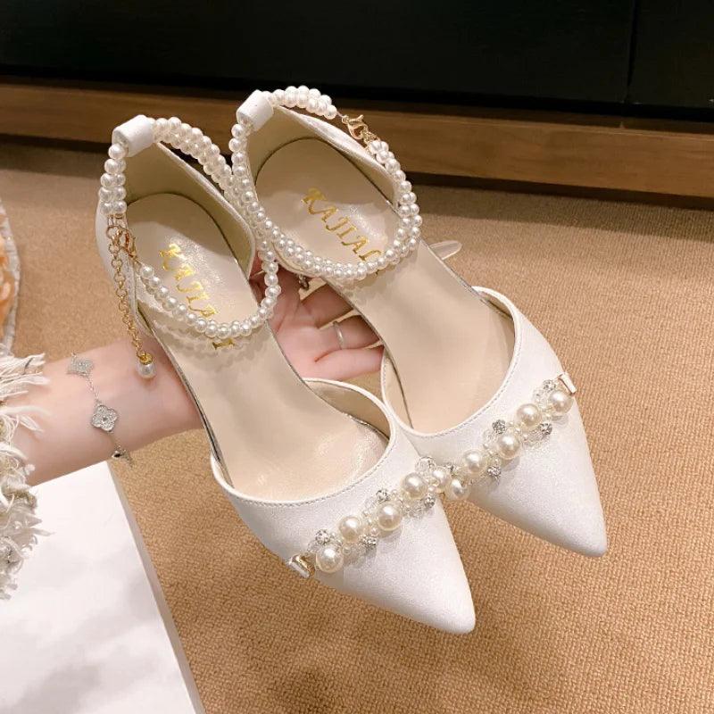 Elegant Pearl High Heels for Women - Crystal Ankle Strap Pumps - Dhavinci