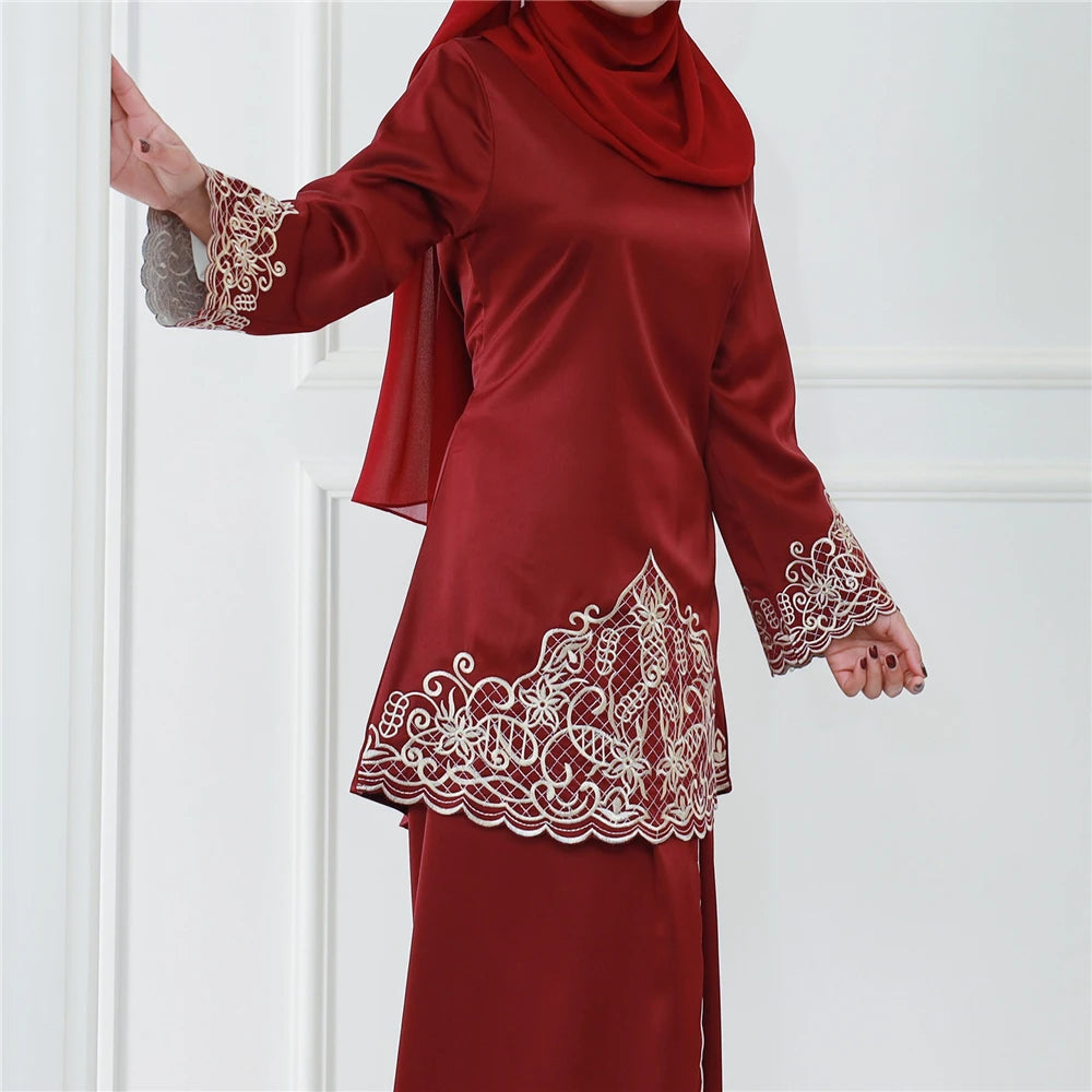 Muslim Long Sleeve Top & Skirt Set | Embroidered Baju Kurung Outfit - Dhavinci