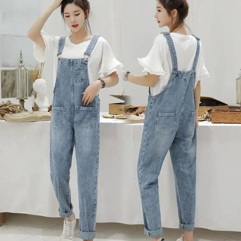 Biyaby Washed Denim Jumpsuit Women Casual High Waist Blue Wide Leg Pants Female 2024 Spring Korean Loose Pockets Jean Overalls - Dhavinci