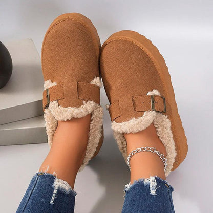 Winter Thickened Plush Flats for Women | Brown Faux Fur Non-Slip Casual Shoes - Dhavinci