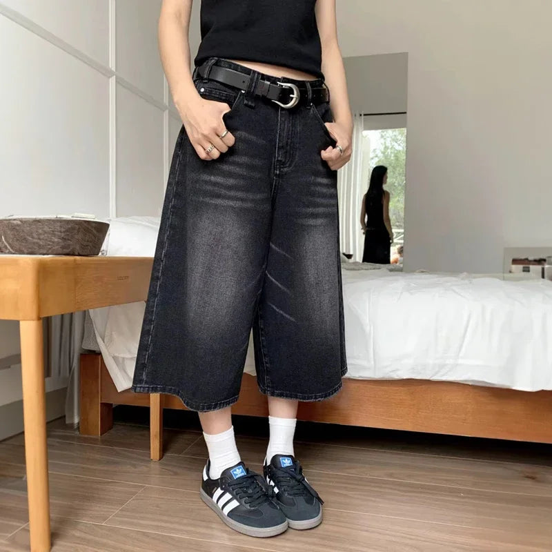 Harajuku Vintage High Waist Black Retro Washed Denim Shorts Women's Fashion Casual Loose Fit Y2K Streetwear Mid Long Short - Dhavinci