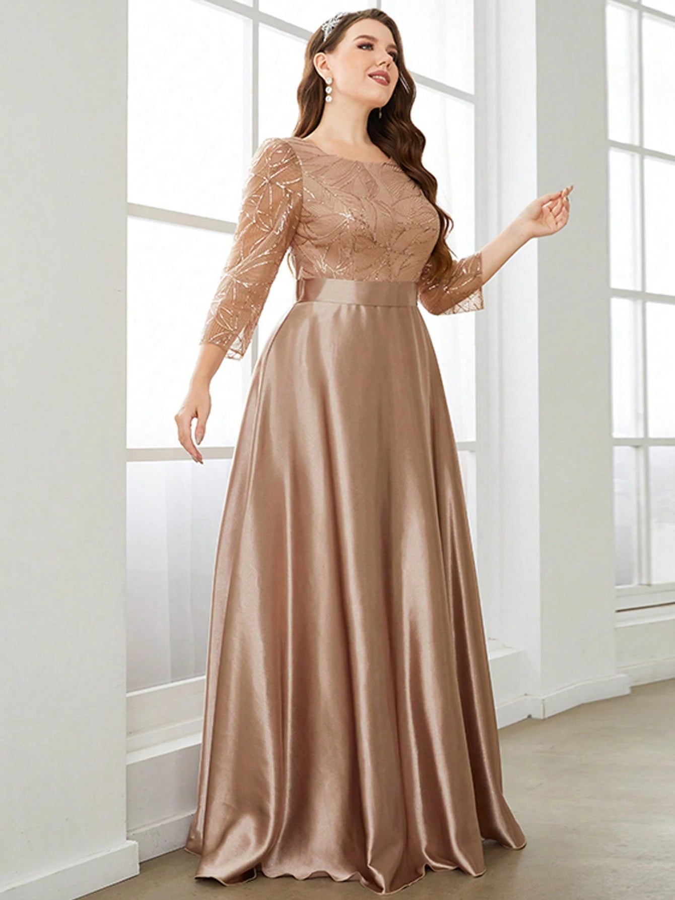 Mgiacy Crew neck long sleeve sequin patchwork satin long gown ball dress Party dress Bridesmaid dress - Dhavinci