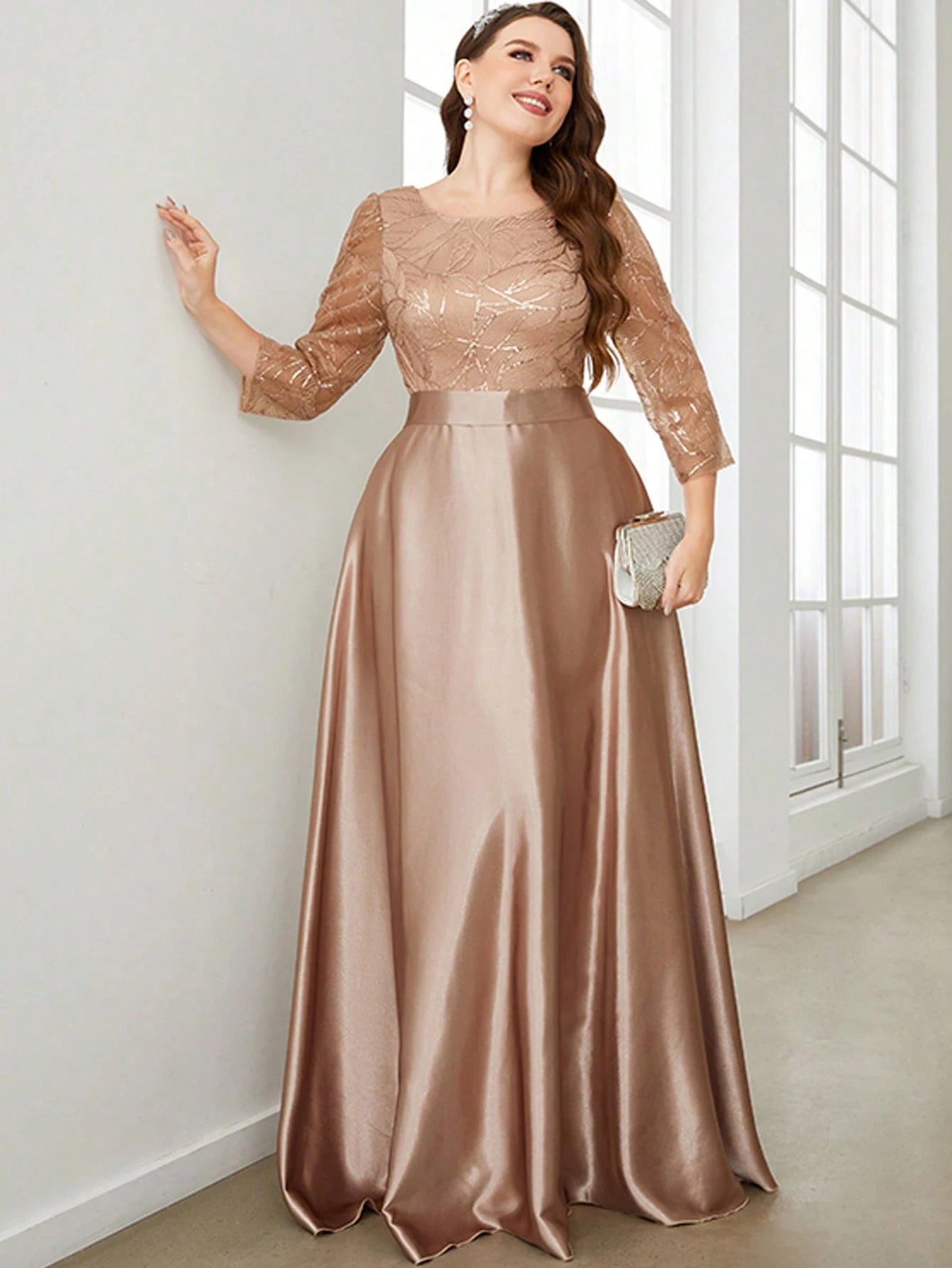 Mgiacy Crew neck long sleeve sequin patchwork satin long gown ball dress Party dress Bridesmaid dress - Dhavinci