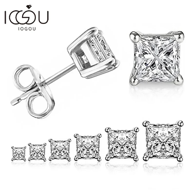 IOGOU 925 Sterling Silver Stud Earrings For Women 4-Claws Square Zirconia Earring Wedding Engagement Bridal Diamond Jewelry Gift - Dhavinci