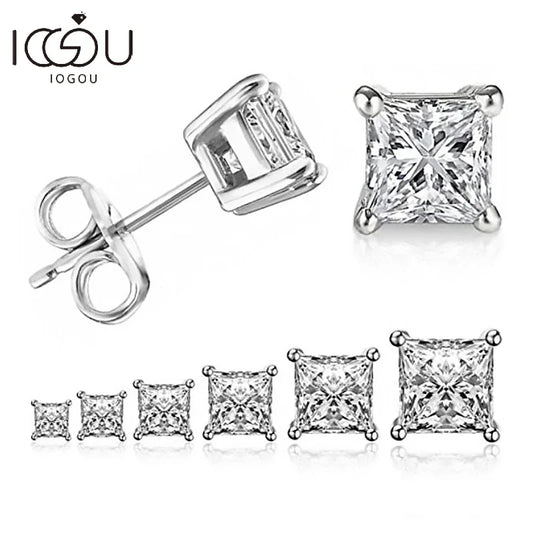 IOGOU 925 Sterling Silver Stud Earrings For Women 4-Claws Square Zirconia Earring Wedding Engagement Bridal Diamond Jewelry Gift - Dhavinci