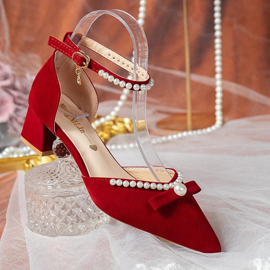 Elegant Pearl Ankle Strap Bride Shoes | High Heel Wedding Pumps - Dhavinci