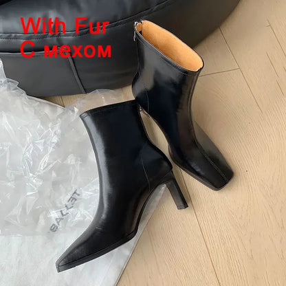 JOZHAMTA Size 34-43 Women Ankle Boots Real Leather Thick High Heel Shoes Fall Winter 2025 Casual Office Lady Dress Short Booties - Dhavinci