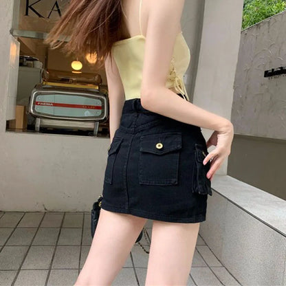 Summer Vintage Cargo Denim Skirts Women Harajuku High Waist Black Mini Skirt Woman Y2K with Pockets Button Jean Bag Hip Skirt - Dhavinci