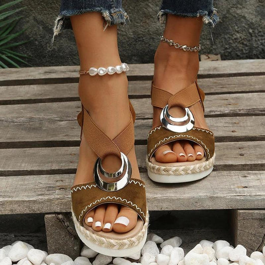 Metal Decoration Platform Sandals for Women | Elastic Band Wedge Heel Shoes - Dhavinci