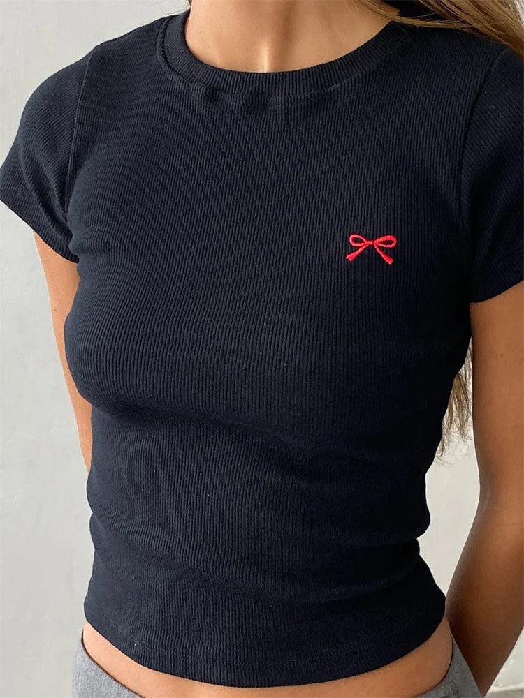 Women’s Slim Fit Crop Top with Bow Embroidery | Summer Streetwear Tees - Dhavinci