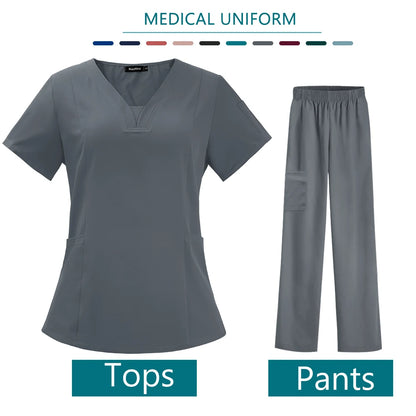 Nurse Medical Uniform High Quality Pet Grooming Care Workwear Set Scrubs Operating Room Surgical Gown Short Sleeve Elastic Pants - Dhavinci