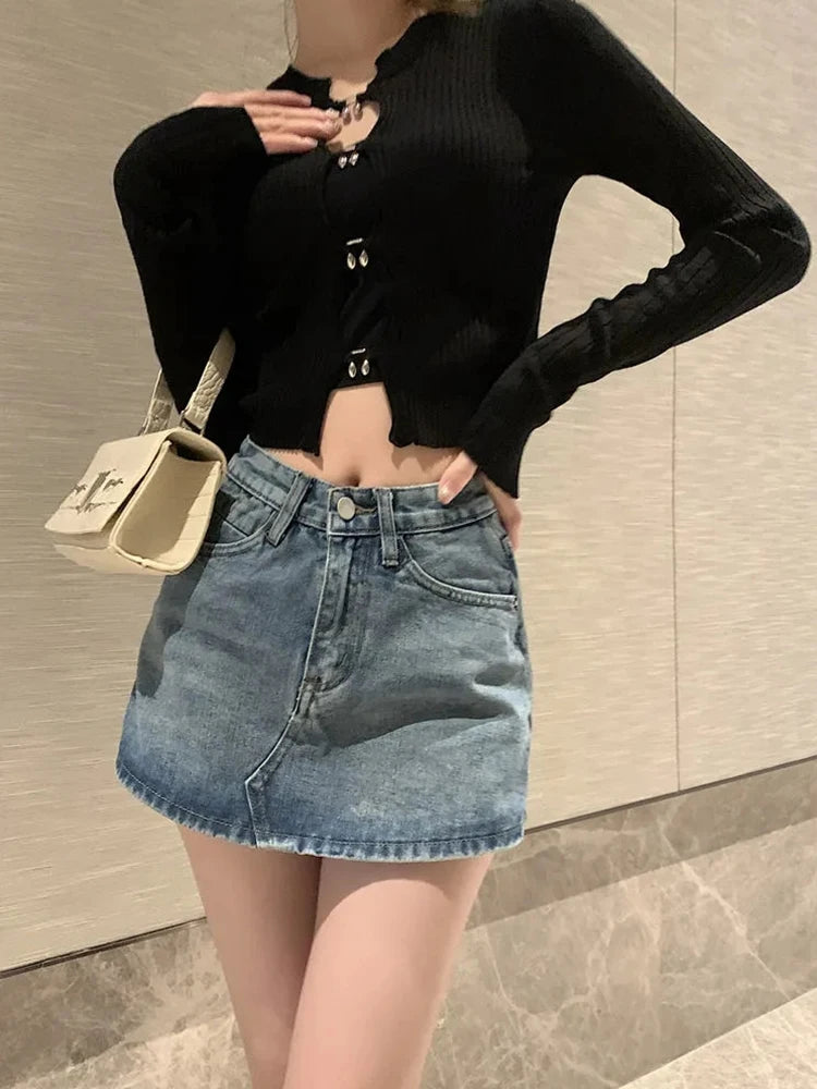 Summer High-Waisted Vintage Women Denim Short Skirt Small New Slim Sexy Korea Fashion Girl Cute Street A-line Mini Jeans Pants - Dhavinci