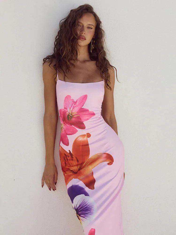 Floral Print Spaghetti Strap Long Dress for Women | Sexy Backless Midi Gown - Dhavinci