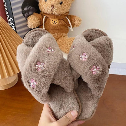 Fashion Flower Fluffy Slippers for Women | Peep Toe Faux Fur Slides - Dhavinci