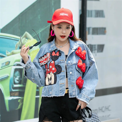 Cartoon Sticker Denim Jacket | Women’s Embroidered Sequin Coat - Dhavinci