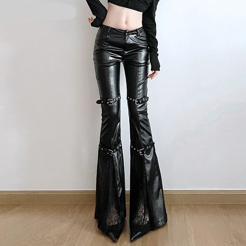 Faux Leather Flare Pants | Women’s Goth Buckle Lace Streetwear - Dhavinci