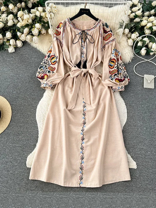 Women Spring Autumn Dress Vintage Ethnic Style Lantern Long Sleeve Embroidered Round Neck Slim A-line Cotton Linen Dress D4930 - Dhavinci