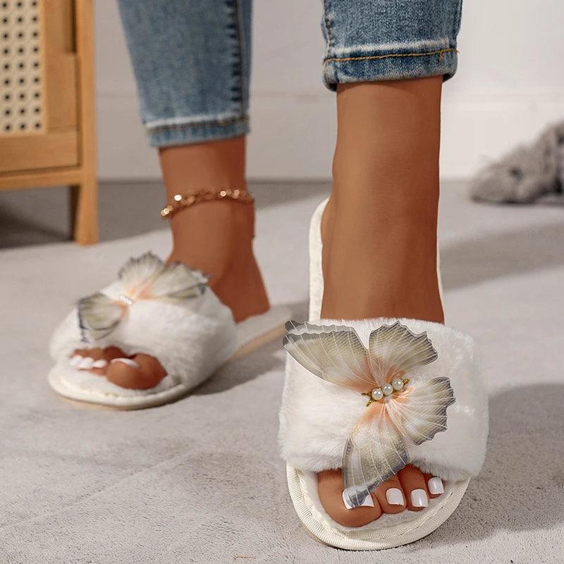 Fashion Butterfly Fur Slippers for Women | Warm Plush Winter Slides - Dhavinci