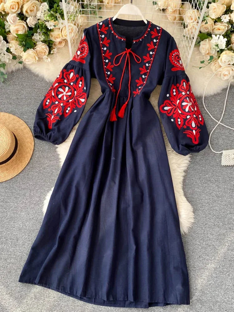 Women Autumn Dresses Bohemian Embroidered Flower O-Neck Lantern Sleeve High Waist Pleated Dress All-match Female Vestidos PL393 - Dhavinci