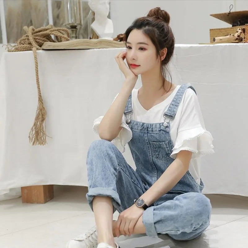 Biyaby Washed Denim Jumpsuit Women Casual High Waist Blue Wide Leg Pants Female 2024 Spring Korean Loose Pockets Jean Overalls - Dhavinci