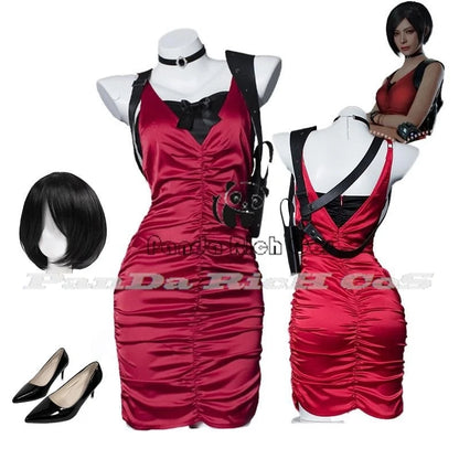 Female Resident 4 Ada Wong Cosplay Costume Evil Cheongsam Dress Red Ada Wig Shoes Halloween Carnival Disguise Suit Women Girls - Dhavinci